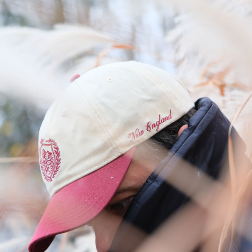 Waxed Canvas Premium Baseball cap with 'New England' script and logo. 